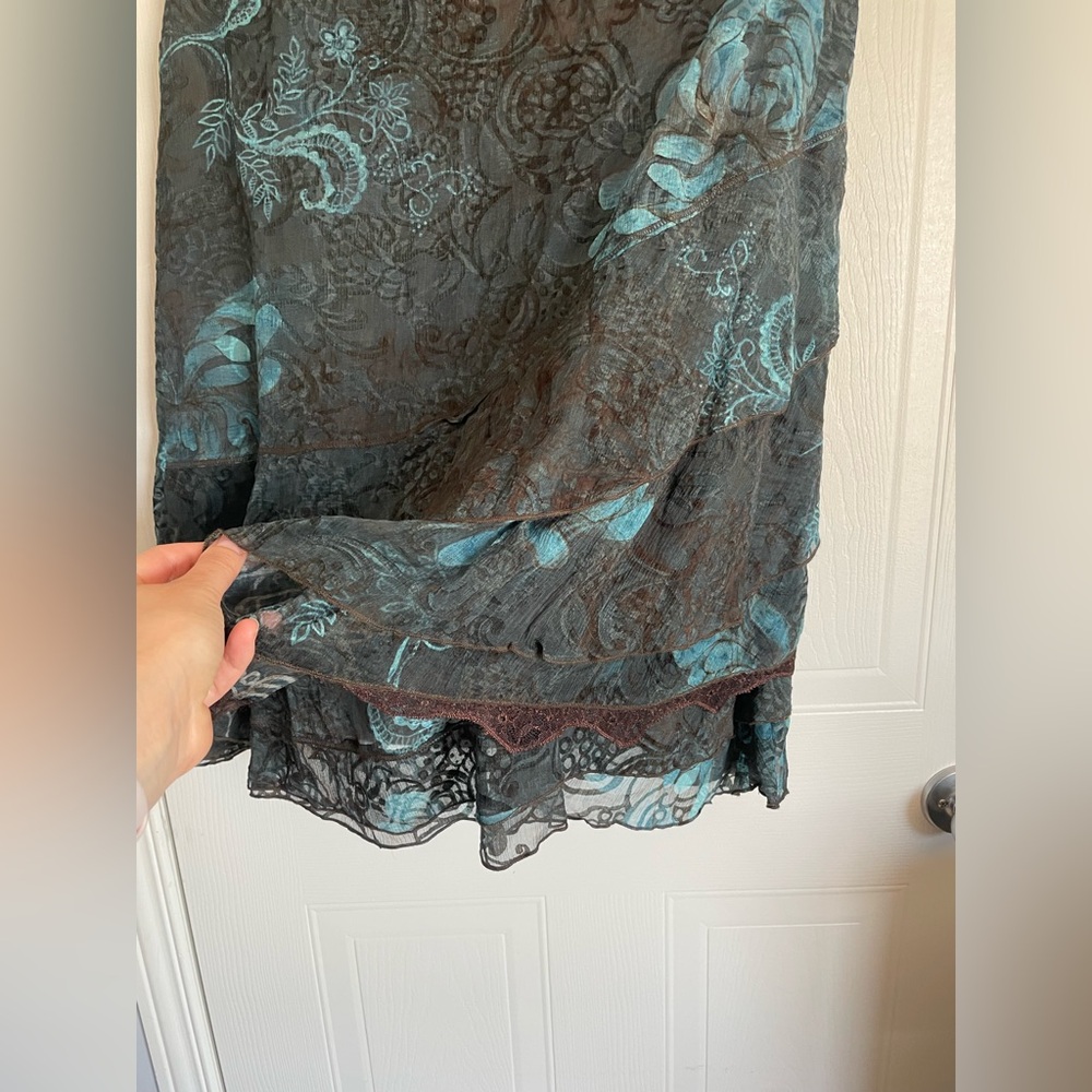 Floral Chiffon Ruffle Skirt Brown Teal S8 - Picture 5 of 15